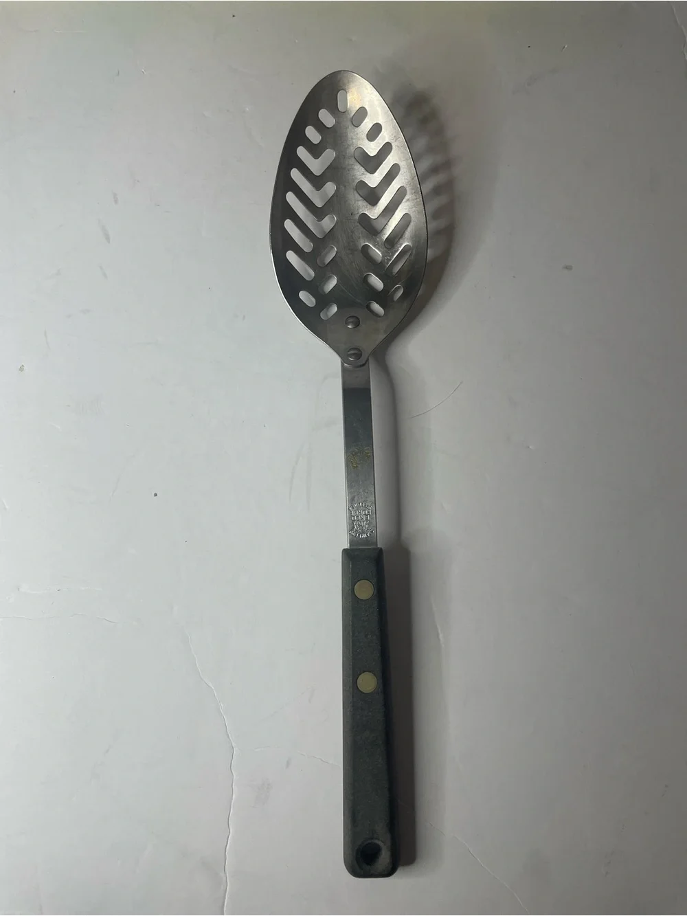 Vintage Ekco Stainless Steel Slotted Serving Spoon with Black Handle